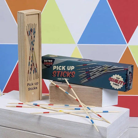 Wooden box with colorful striped pick up sticks for the classic pick up sticks game set