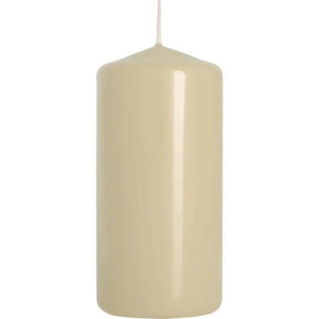 Cream-colored smooth pillar candle made of glossy wax with a thin wick, sized 50x100mm ivory pillar candle