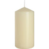 Cream-colored pillar candle with smooth glossy wax surface and thin wick in 60x120mm ivory pillar candles size
