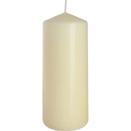 A cream-colored ivory pillar candle with a smooth glossy surface and a thin wick 60x150mm size