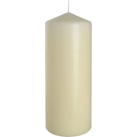 Cream-colored pillar candle with smooth glossy surface and thin wick in ivory 80x200mm size
