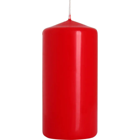 A vibrant red pillar candle with a smooth glossy finish and single wick measuring 50x100mm