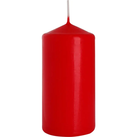 A vibrant red pillar candle with a smooth glossy finish and white wick sized 60x120mm