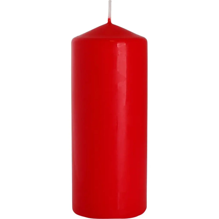 A vibrant red pillar candle with a smooth glossy finish and thin white wick sized 60x150mm