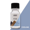 Clear glass bottle with black cap labeled pine fragrance oil with geometric blue brown and gray design and allergen declarations