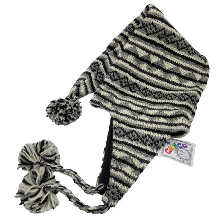 Black and cream striped knitted pixie hood wool hat with ear flap pom-poms for adults