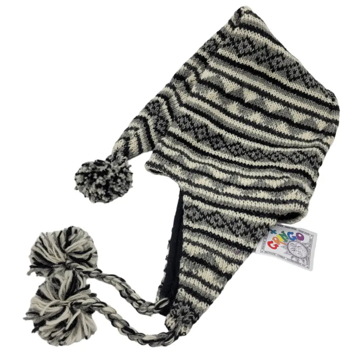 Black and cream striped knitted pixie hood wool hat with ear flap pom-poms for adults