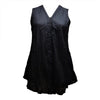 Black sleeveless cotton vest top with v neckline and button front made from lightweight textured fabric