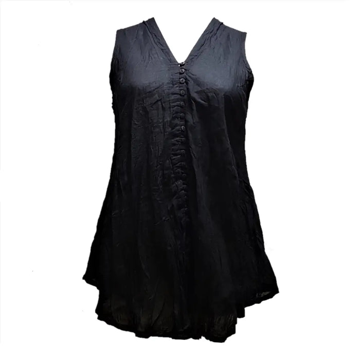 Black sleeveless cotton vest top with v neckline and button front made from lightweight textured fabric