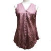 A soft mauve sleeveless cotton vest top with v neck and button front made from lightweight crinkled fabric