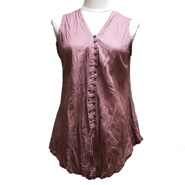 A soft mauve sleeveless cotton vest top with v neck and button front made from lightweight crinkled fabric