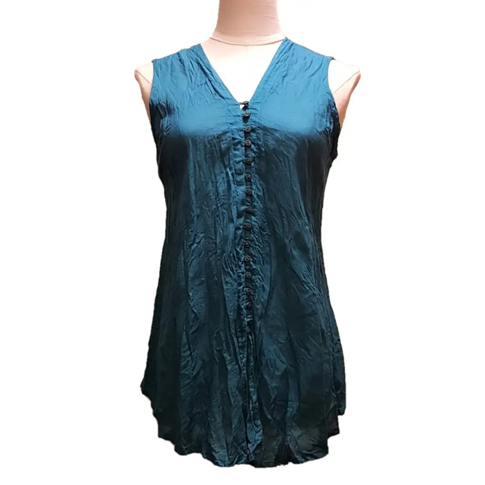 Teal sleeveless cotton vest top with v-neck and front button closure in a plain design and choice of colours