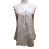 White sleeveless cotton vest top with v-neckline and black buttons made of crinkled fabric in plain style