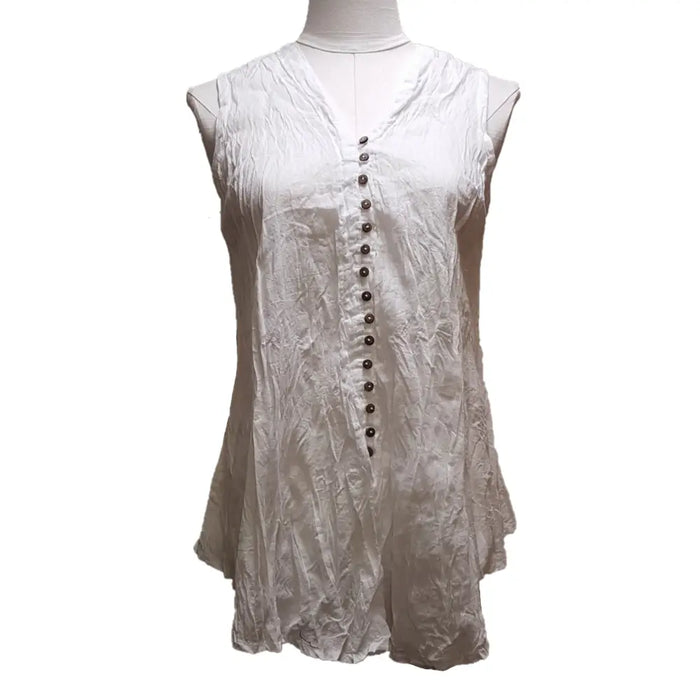 White sleeveless cotton vest top with v-neckline and black buttons made of crinkled fabric in plain style