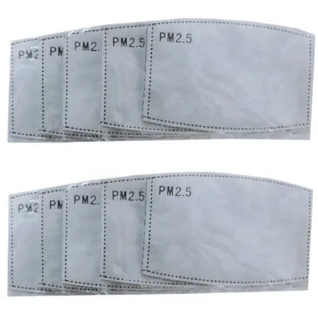 Ten gray pm2.5 filter inserts made of nonwoven material arranged in two rows for face covering use adults and children
