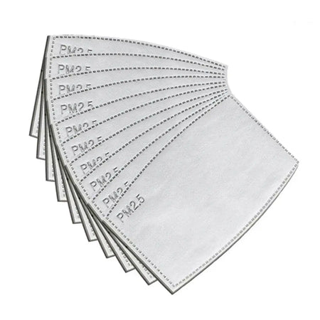 White pm2.5 face covering filter inserts with stitched edges and printed text for adult and children use