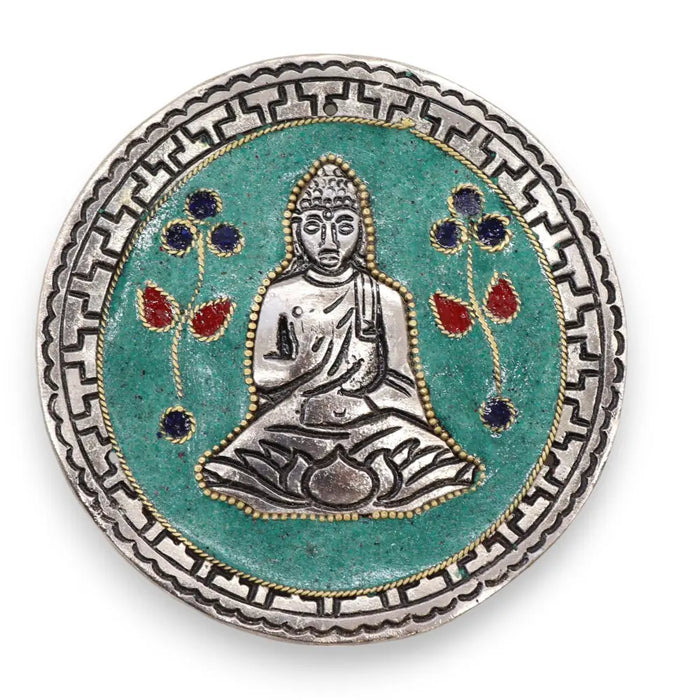 Polished aluminium incense holder with silver buddha medallion, turquoise enamel background, and gemstone flowers