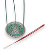 Polished aluminium incense holder with silver-plated circular pendant featuring turquoise buddha and red blue flowers
