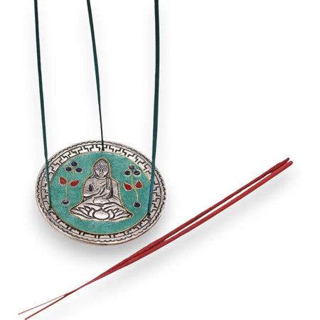Polished aluminium incense holder with silver-plated circular pendant featuring turquoise buddha and red blue flowers