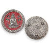 Silver incense holder with red enamel buddha face and green blue floral details made of polished aluminium