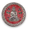Polished aluminium incense holder with silver buddha medallion, red enamel background, and colorful floral motifs