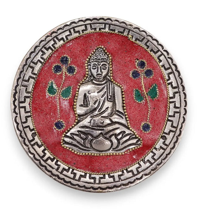 Polished aluminium incense holder with silver buddha medallion, red enamel background, and colorful floral motifs