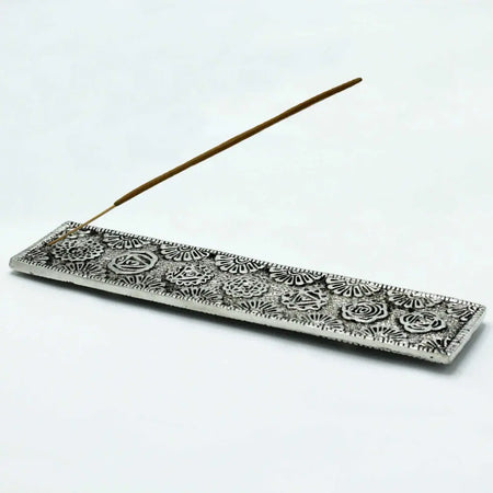 Silver polished aluminium rectangular incense holder with embossed floral and geometric patterns for stick incense