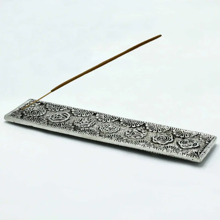 Silver polished aluminium rectangular incense holder with embossed floral and geometric patterns for stick incense