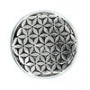 Polished aluminium incense holder in silver tone with circular pendant featuring flower of life petal pattern design