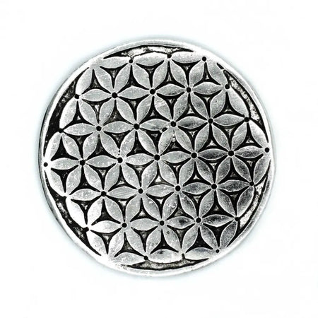 Polished aluminium incense holder in silver tone with circular pendant featuring flower of life petal pattern design