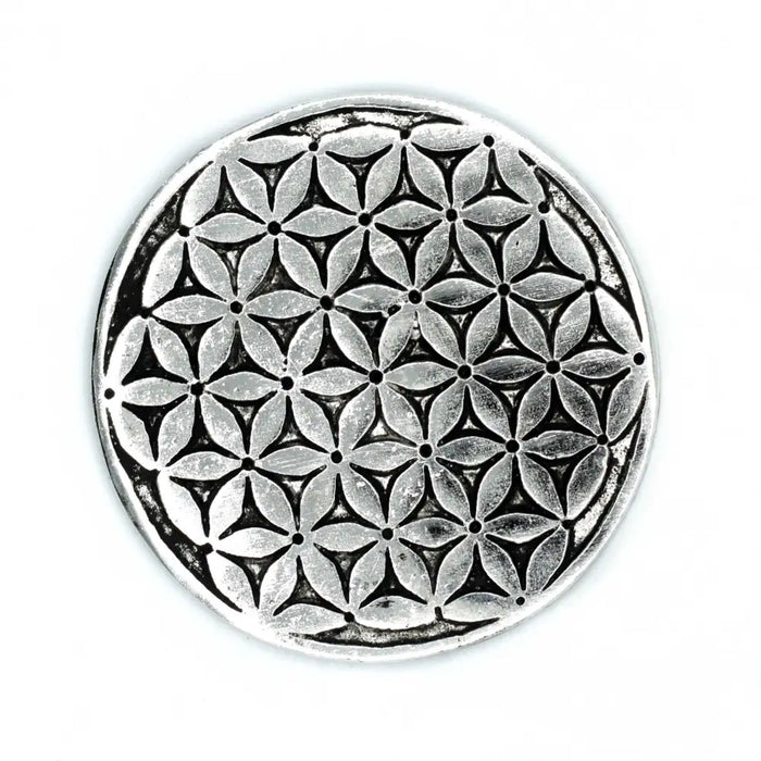 Polished aluminium incense holder in silver tone with circular pendant featuring flower of life petal pattern design