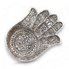 Silver hamsa hand-shaped polished aluminium incense holder tray with floral and geometric embossing design