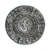 Silver polished aluminium round incense holder with embossed om symbols and swirling ornamental designs