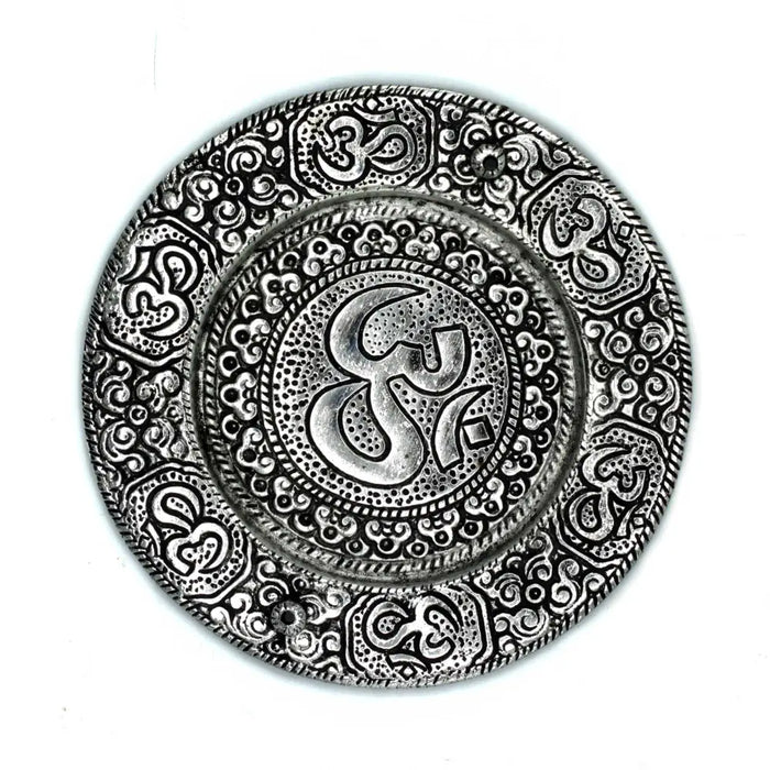 Silver polished aluminium round incense holder with embossed om symbols and swirling ornamental designs