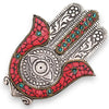 Polished aluminium small hamsa incense holder with silver finish red mosaic inlays and turquoise gemstone accents