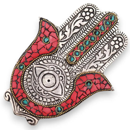 Polished aluminium small hamsa incense holder with silver finish red mosaic inlays and turquoise gemstone accents