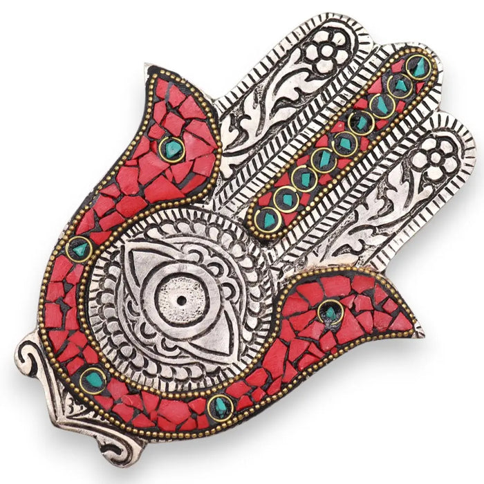 Polished aluminium small hamsa incense holder with silver finish red mosaic inlays and turquoise gemstone accents