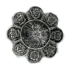 Silver-toned flower-shaped polished aluminium incense holder with intricate engraved tibetan symbols on each petal
