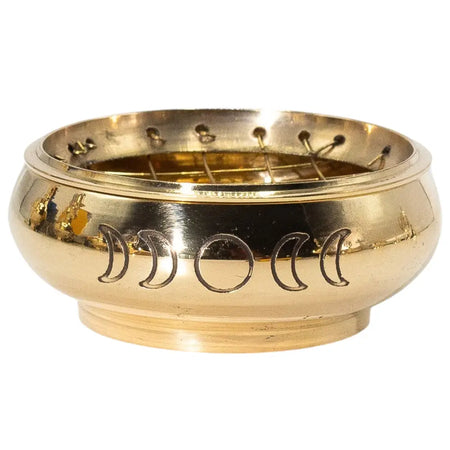 Polished brass incense jar with engraved moon phases and perforated interior grid for incense burning