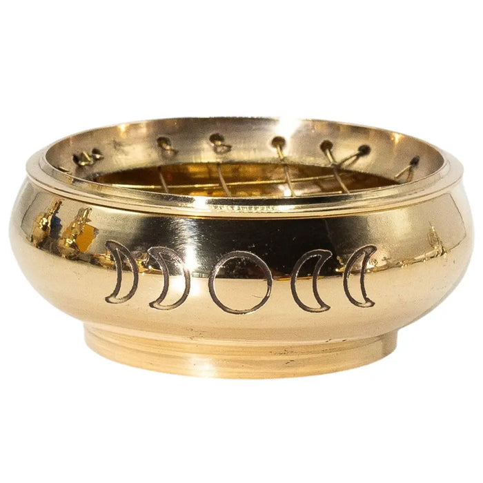 Polished brass incense jar with engraved moon phases and perforated interior grid for incense burning