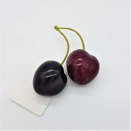 A pair of glossy artificial fruit cherries with one dark purple and one deep red connected by a thin green stem