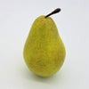 A premium artificial fruit pear with yellow green speckled skin and a dark brown stem for decoration