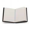 Black leather notebook with cream pages and blue thread binding in a printed leather notebook titled my chakras are aligned