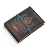 Brown leather notebook with printed leather cover showing chakras and my chakras are aligned af phrase, blue cord wrap