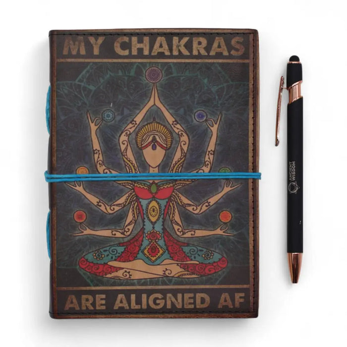 Leather notebook with leather cover printed with my chakras are aligned af and colorful chakra meditation design