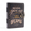 Black leather notebook with gold and cream printed leather lettering never give up on your dreams and vintage clasp