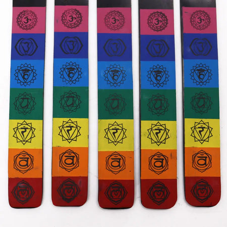 Set of five rainbow mango wood ash catcher bookmarks engraved with black chakra symbols for energy centers