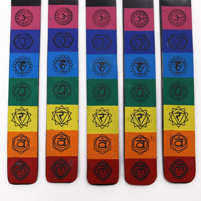 Set of five rainbow mango wood ash catcher bookmarks engraved with black chakra symbols for energy centers