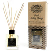 Basil and may chang essential oils reed diffuser in clear glass bottle with black cap light yellow oil and wooden reeds