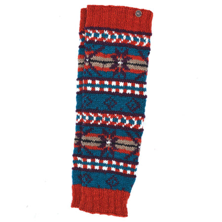 The Window, Milford Haven hand-knitted wool leg-warmers in cosmos and spice with a Fair Trade geometric pattern.